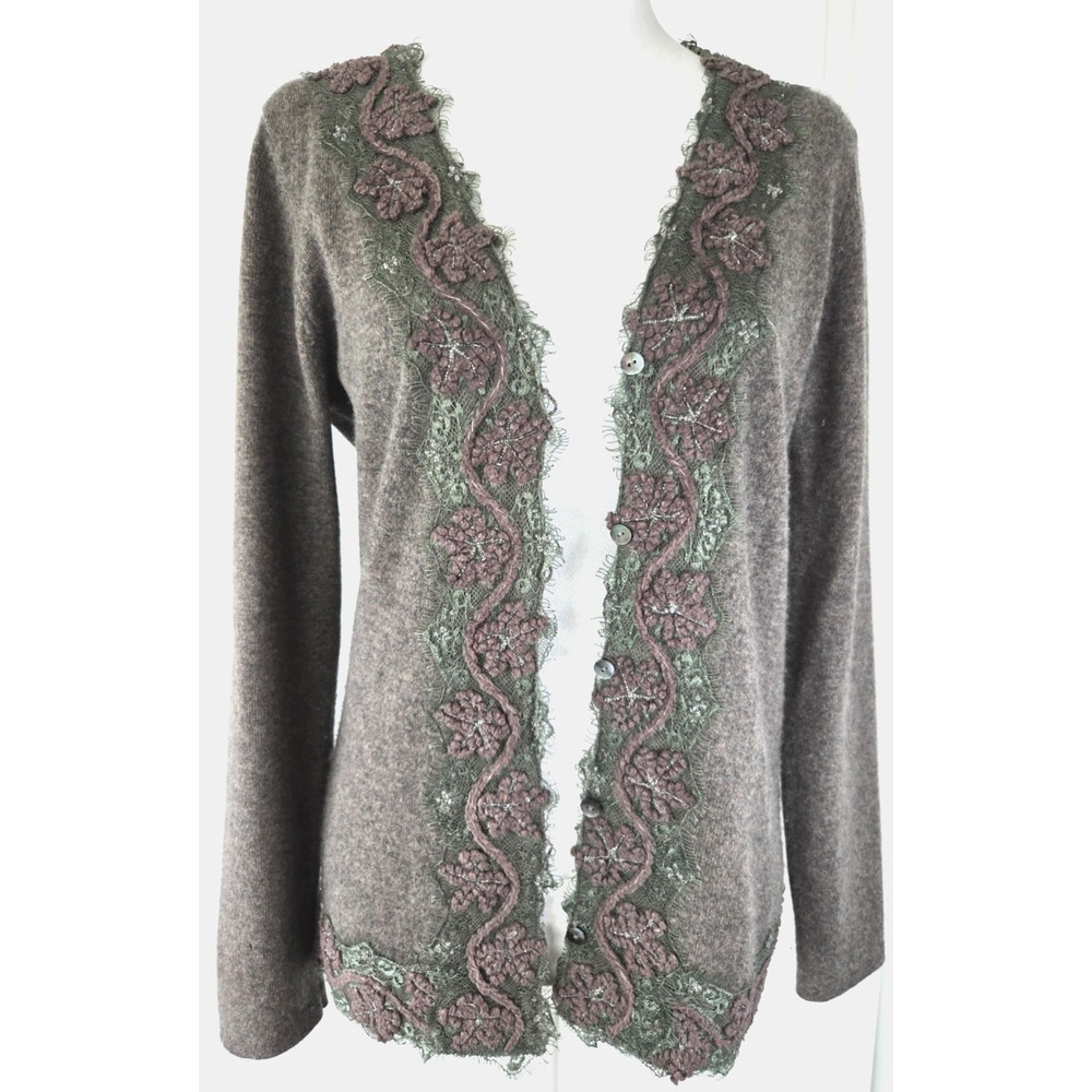 Tory Burch Soft Cashmere Sweater Cardigan Floral Lace Hem Brown Grey Quiet Luxur
